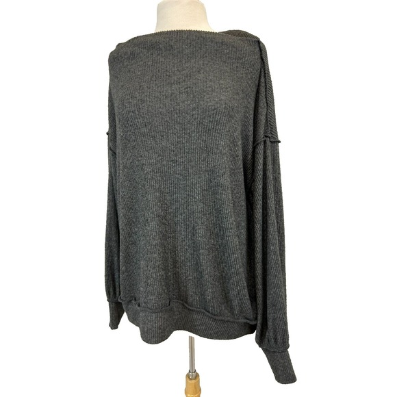 We The Free Tops - We the Free Oversize Slouchy‎ Top Gray Chinelle Rib Bateau Neck Long Sleeve SZ S